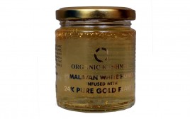 Organic Kashmir Himalayan White Honey Infused with 24 Karat Pure Gold Flakes   Glass Jar  250 grams